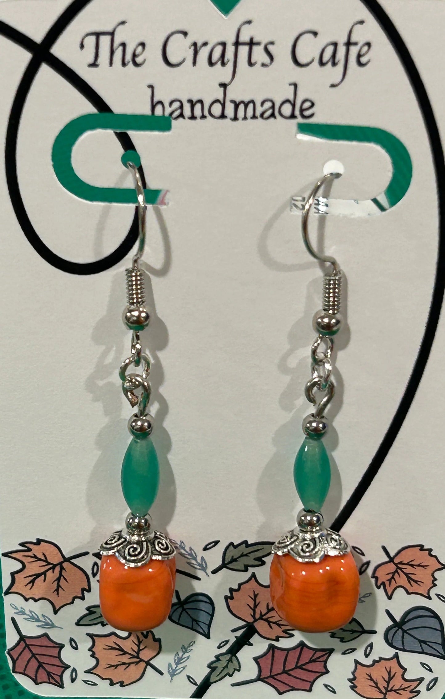 Vintage Glass Orange Bead with Green Top Accent Bead - Silver Tone