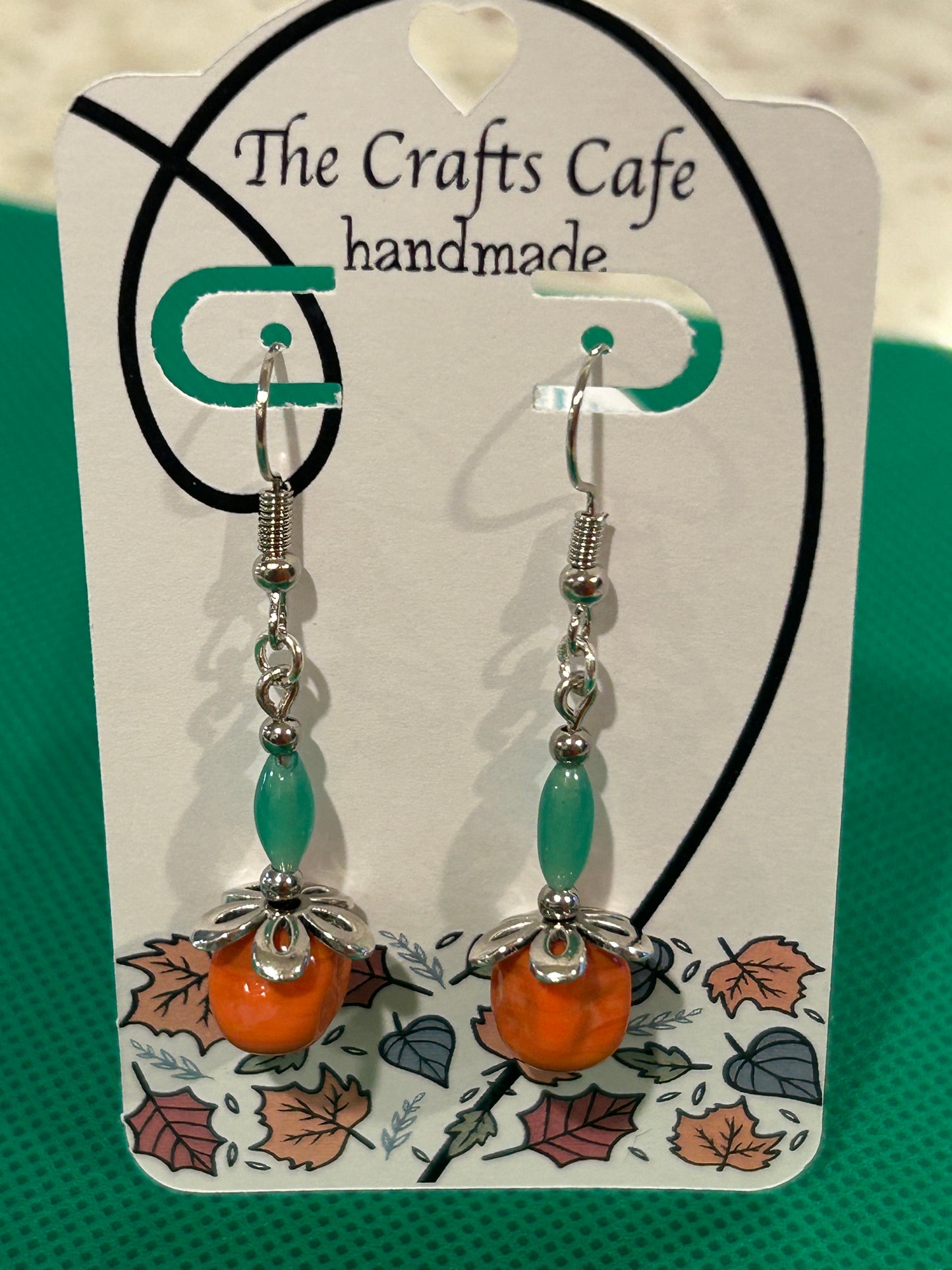 Vintage Orange Square Glass Bead with Jade Green Glass Bead and Flower Bead Cap. Silver Tone