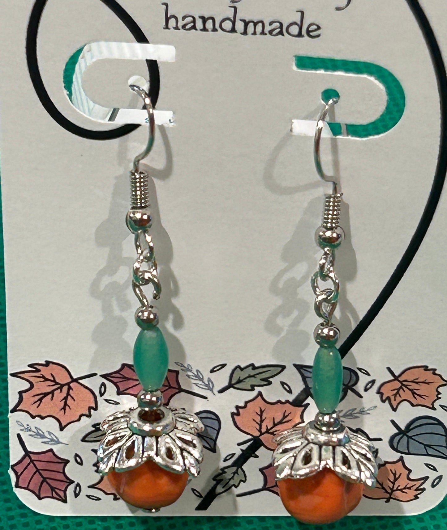 Vintage Glass Orange + Jade Color Glass Bead with Silver Tone