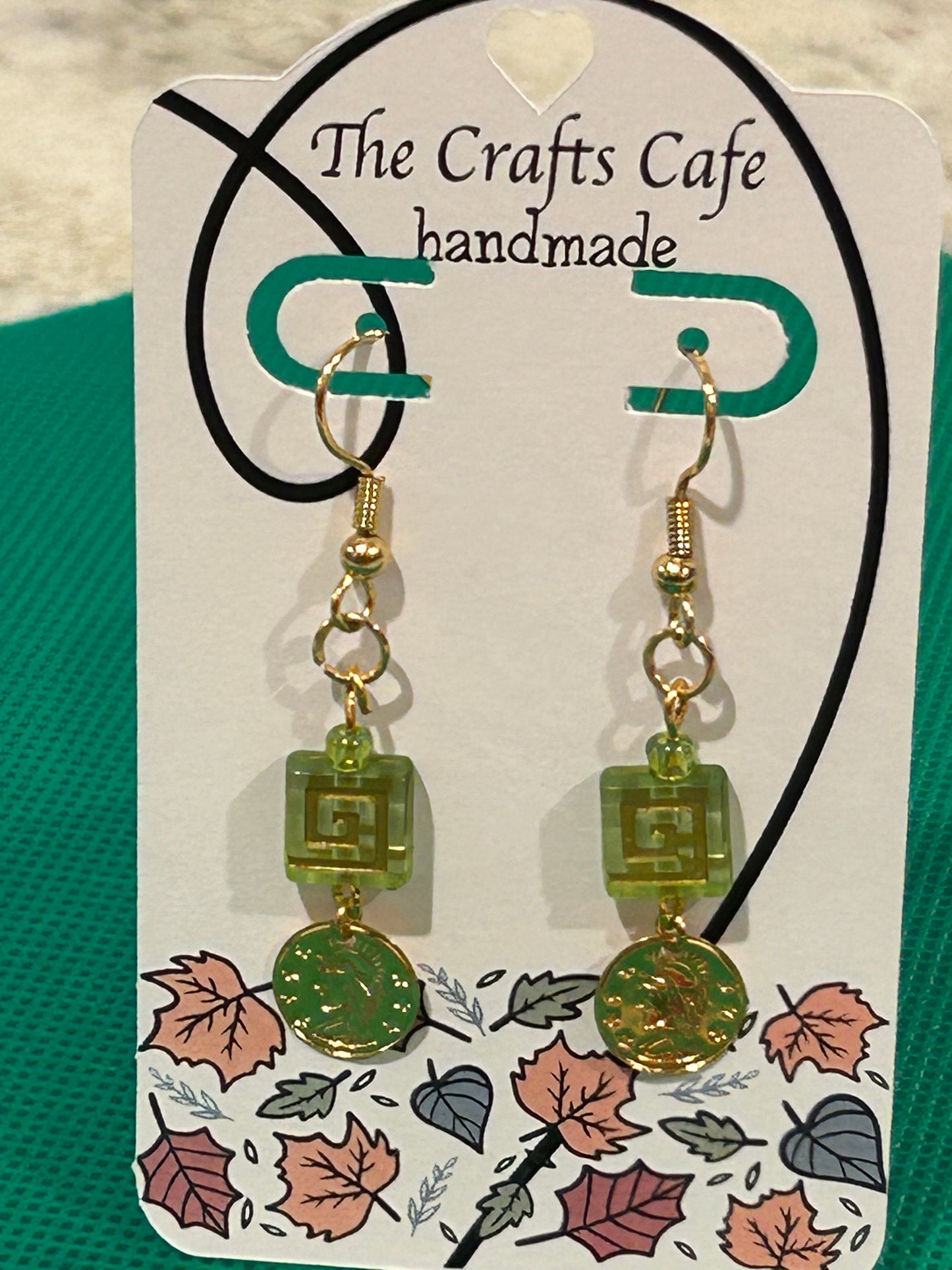 Green Maze Glass Bead Dangle Earrings - With Golden Inlay & Drop Coin