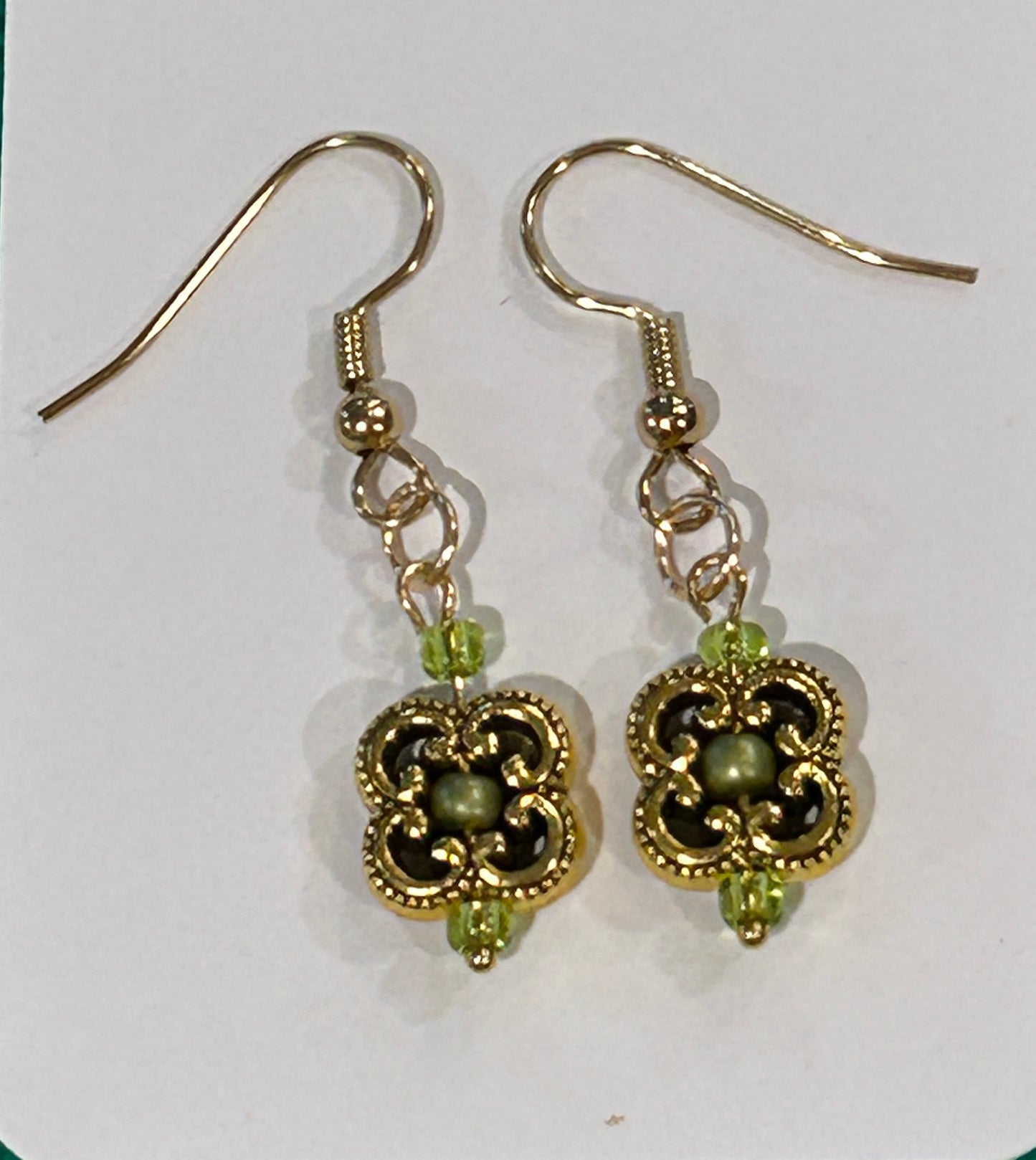Clover Filigree Earrings With Green Glass Accent Beads - Gold Tone