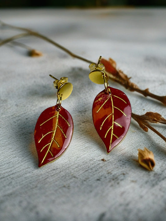 Rust Birch Leaf Dangles - Gold Tone Post