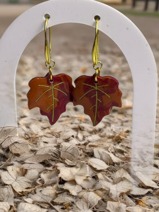 Falling Maple Leaf Dangles with Elongated French Hooks - Gold Tone