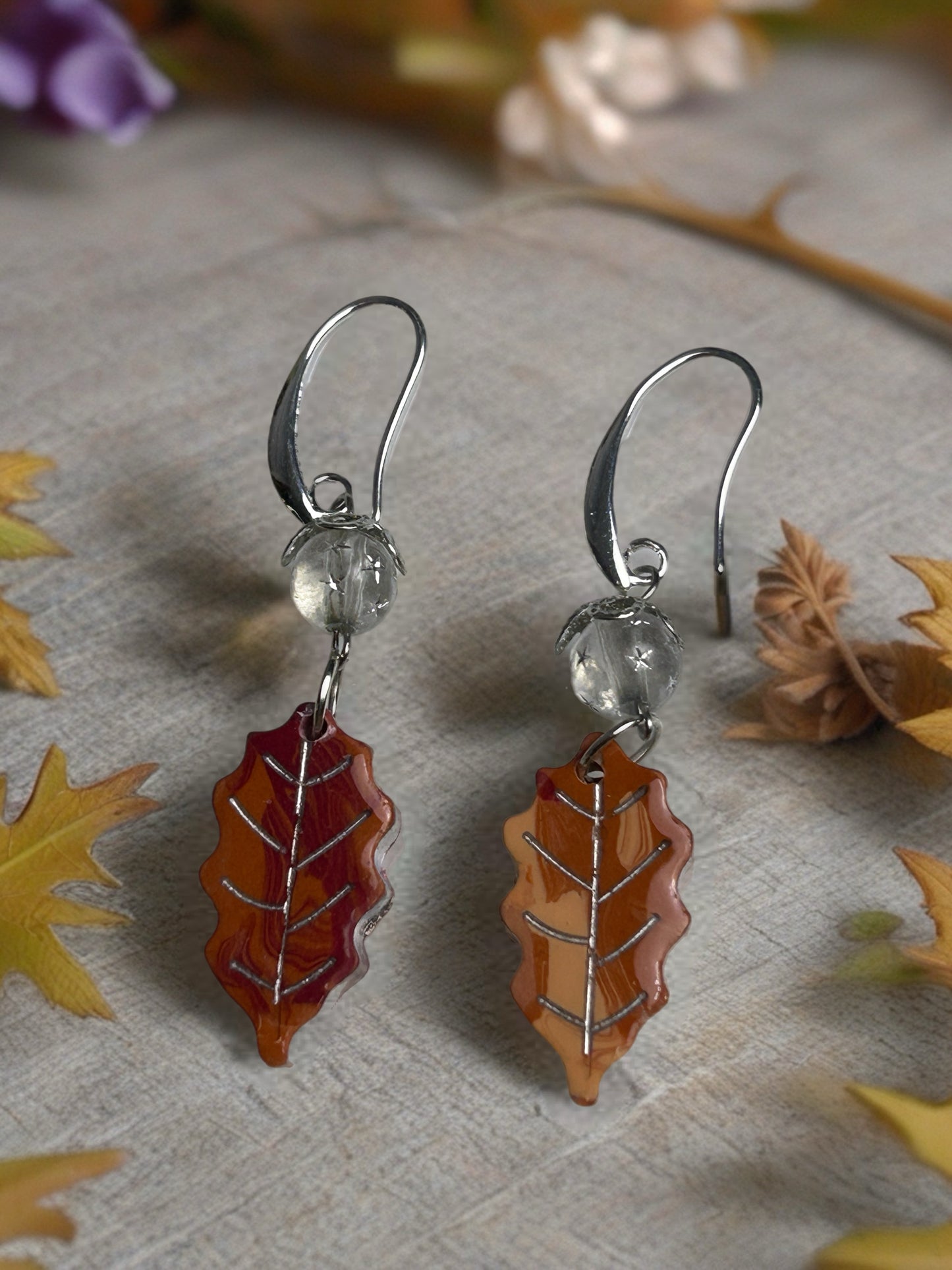 Harvest Oak Leaf Dangles with Elongated French Hook & Frosted Bead - Silver Tone