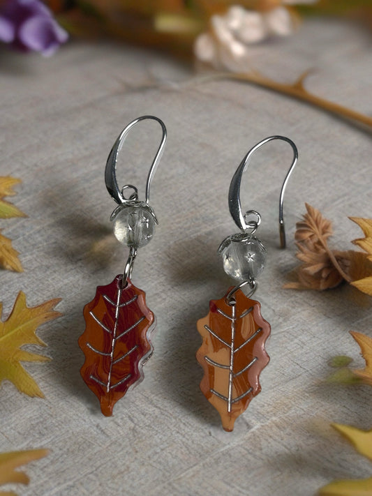Harvest Oak Leaf Dangles with Elongated French Hook & Frosted Bead - Silver Tone