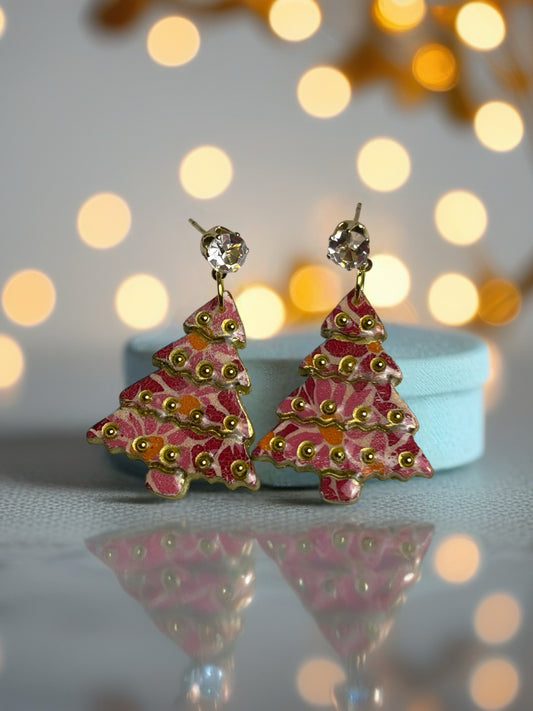 Pink Christmas Tree with Gold Tone, Faceted Glass Post, 6 Prong Set