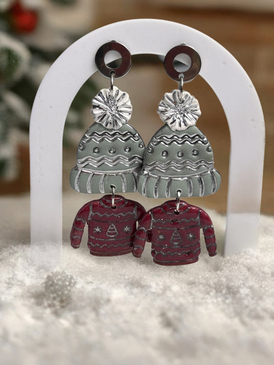 Christmas Burgundy Sweater, Big Succulent Knitted Hat, On Silver Tone Post