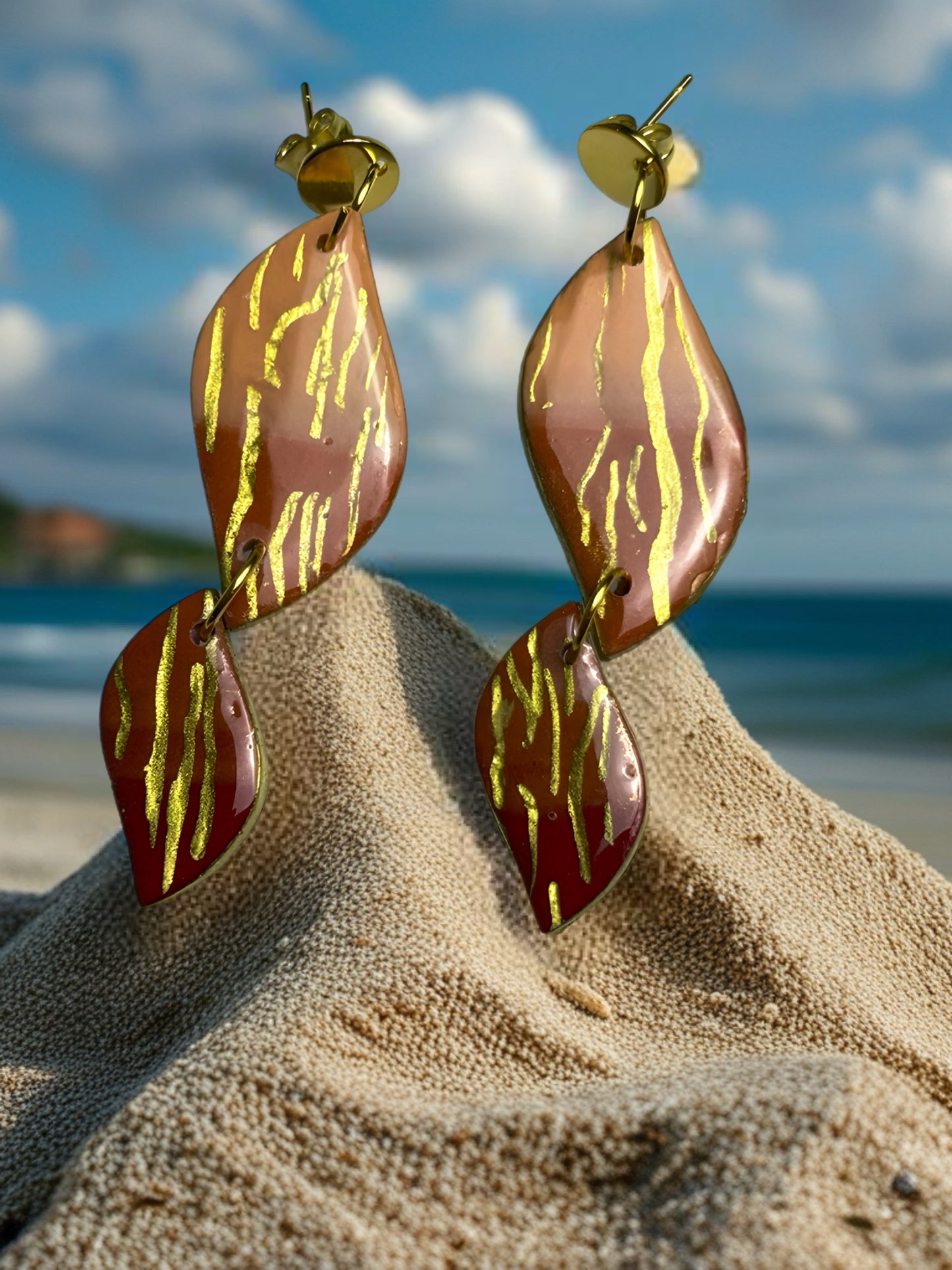 Golden Palm Double Drop Earring on Gold Tone Post