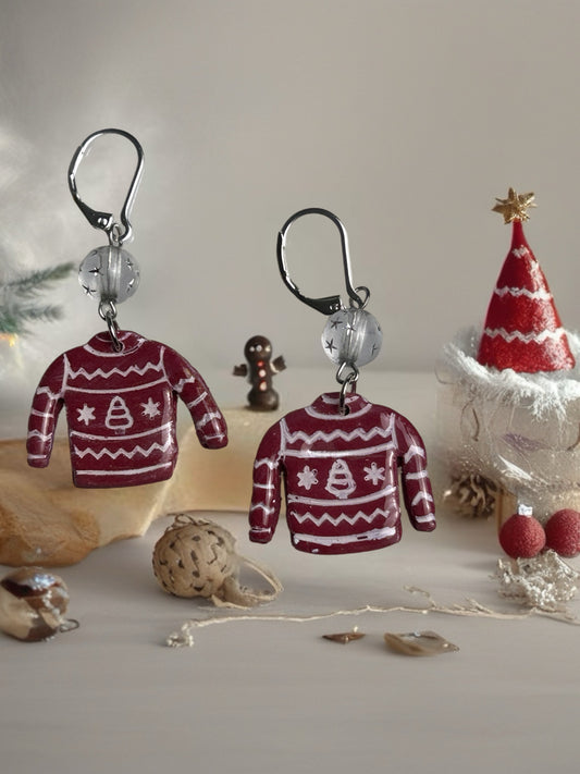 Christmas Burgundy Sweater, Frosted Silver Star Bead, With Silver Tone Lever Back