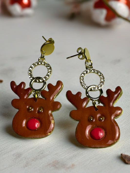 Toasty Reindeer With Double Circle, Rhinestoned Post - Gold Tone