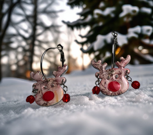 Christmas Reindeer with Silver Tone, Lever Back Hoops and Glass Beads