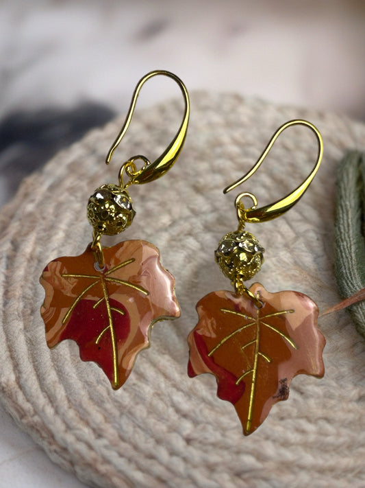 Falling Maple Leaf Dangle with Filigree Rhinestone Bead - Gold Tone Elongated French Hooks