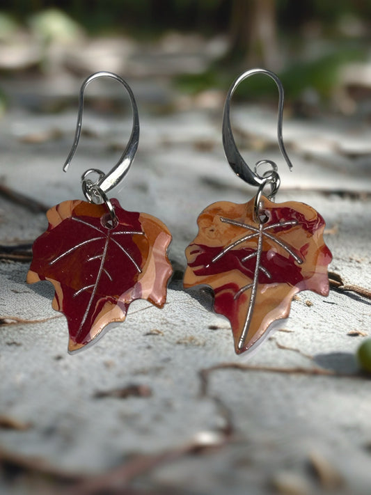 Falling Maple Leaf Dangles with Elongated French Hooks - Silver Tone