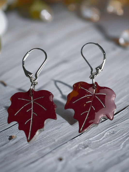 Falling Maple Leaf Dangles with Lever Back - Silver Tone
