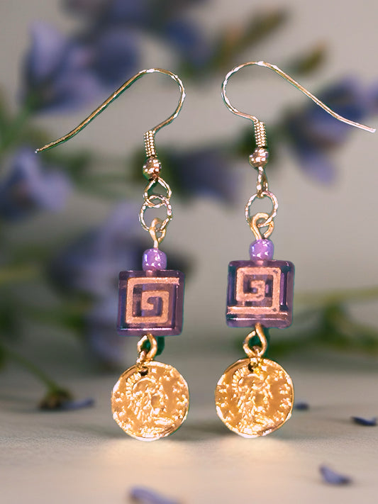 Purple Maze Glass Bead Dangle Earrings - With Golden Inlay & Drop Coin