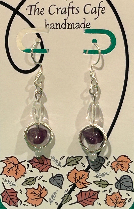 Amethyst Glow Drop Earrings Framed in Silver tone and Sterling Silver Hooks