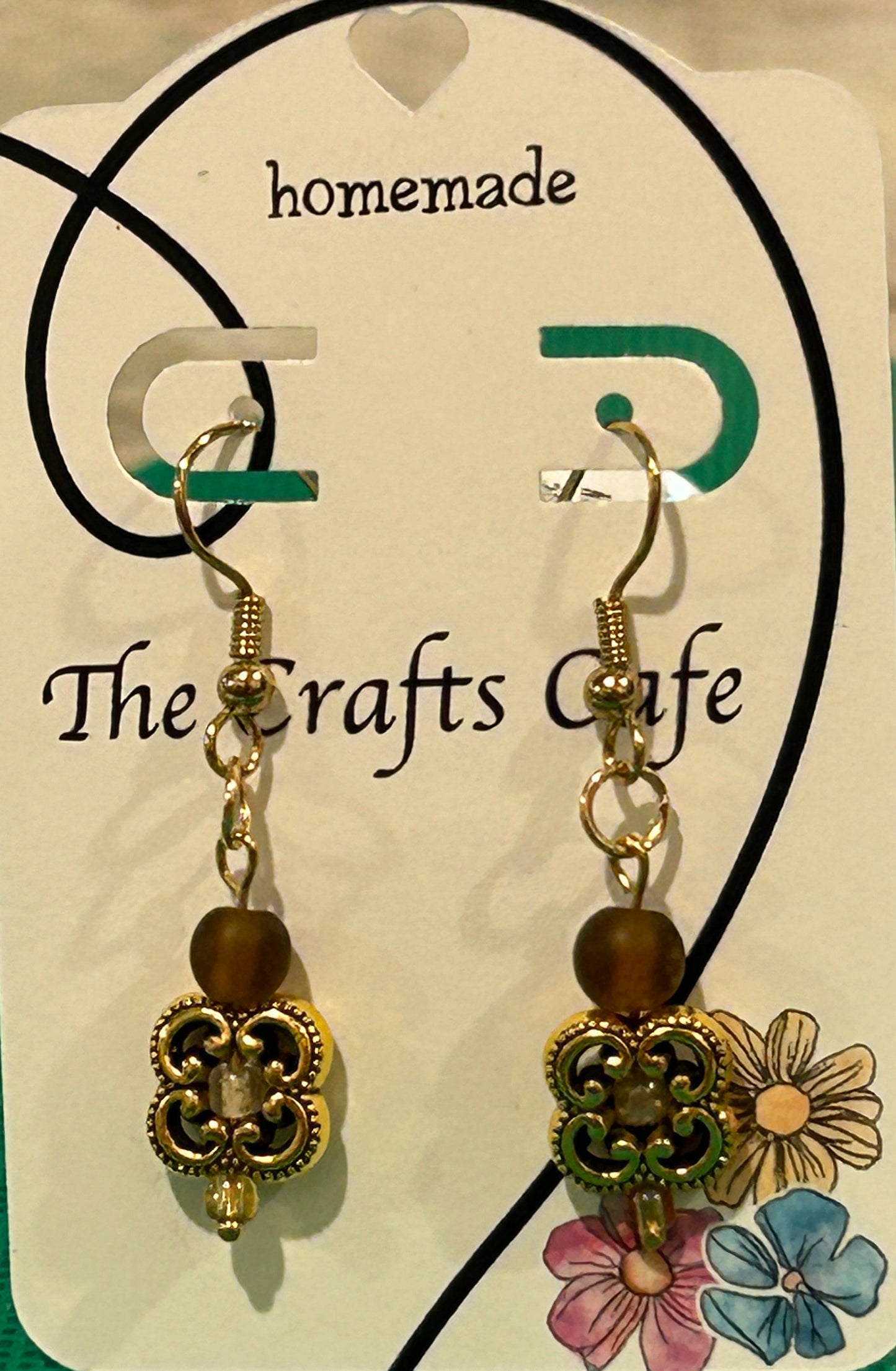 Clover Filigree Earrings With Earth Tone Glass Bead Accents - Gold Tone