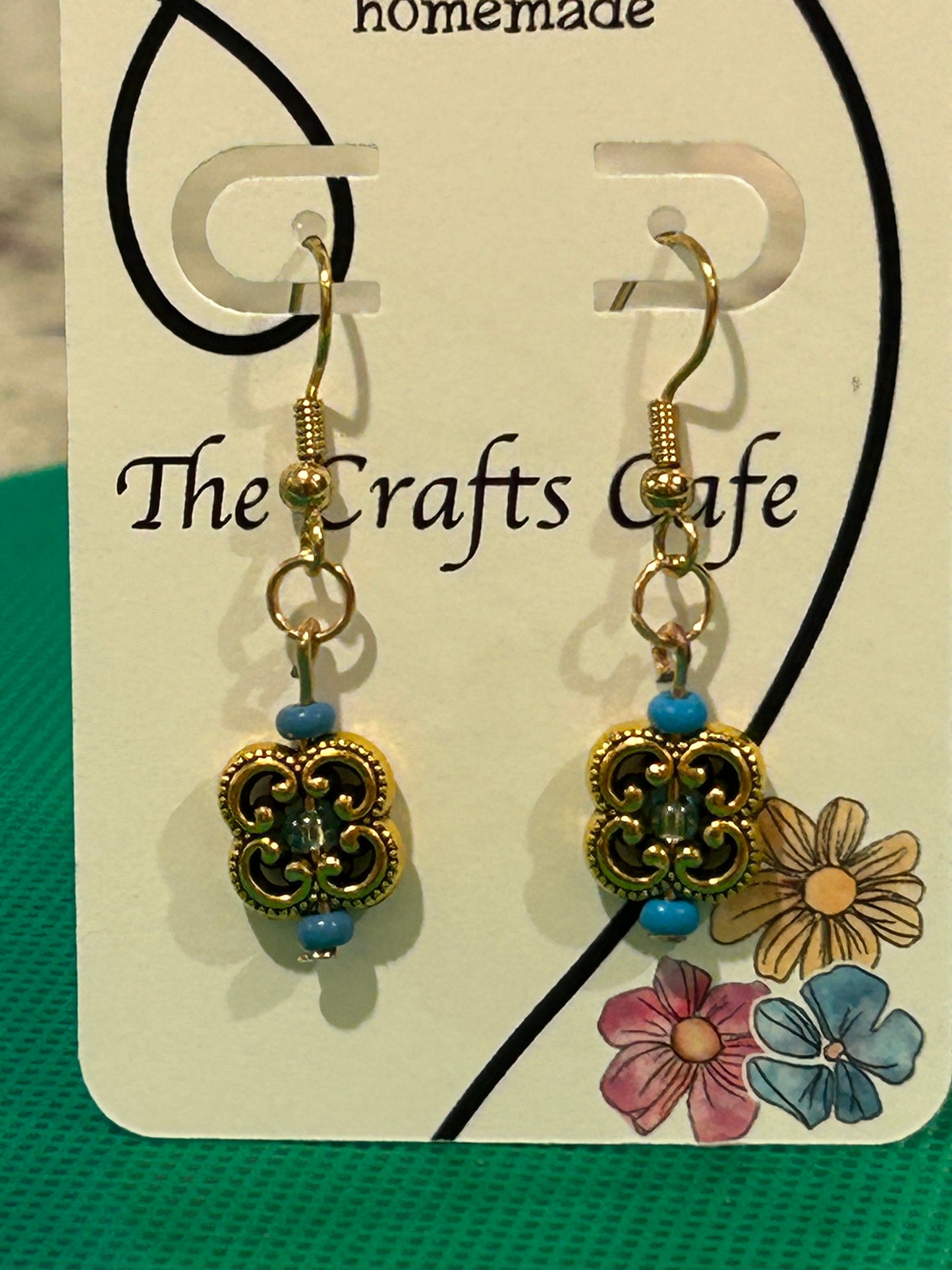 Clover Filigree Earrings With Turquoise Blue Glass Accent Beads - Gold Tone
