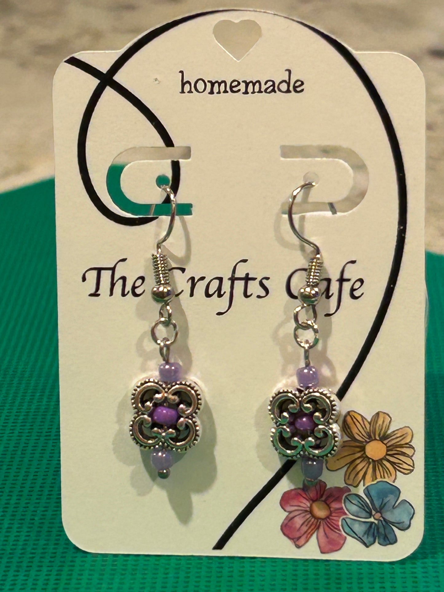 Clover Filigree Earrings With Lavender Glass Accent Beads - Silver Tone