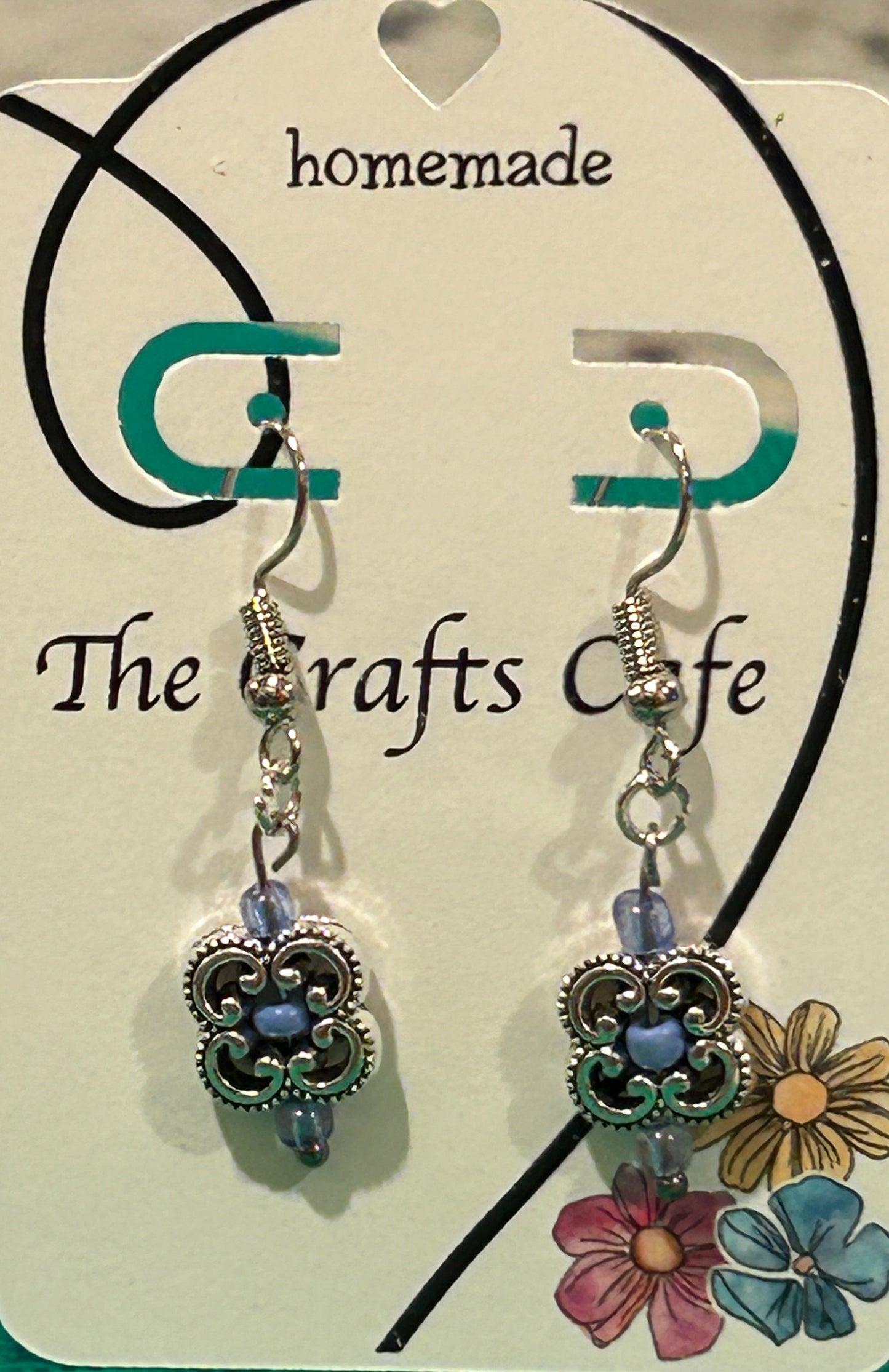 Clover Filigree Earrings With Periwinkle Blue Glass Accent Beads - Silver Tone