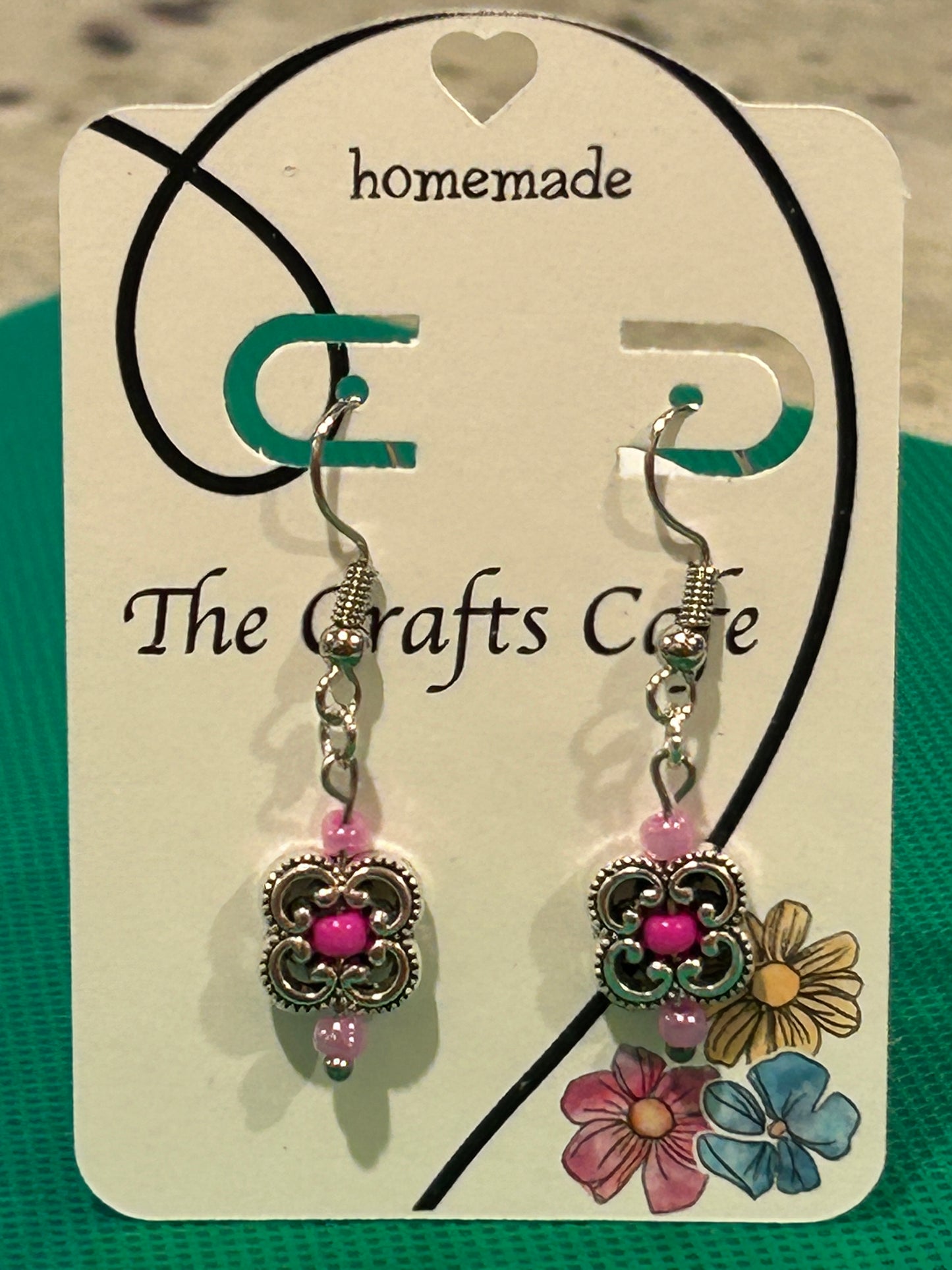 Clover Filigree Earrings With Pink Glass Accent Beads - Silver Tone