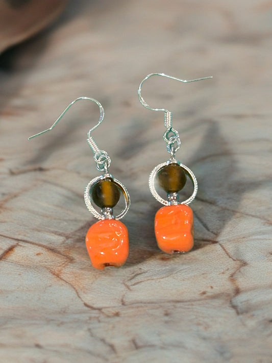 Vintage Glass Orange + Brown Bead with Silver Ring