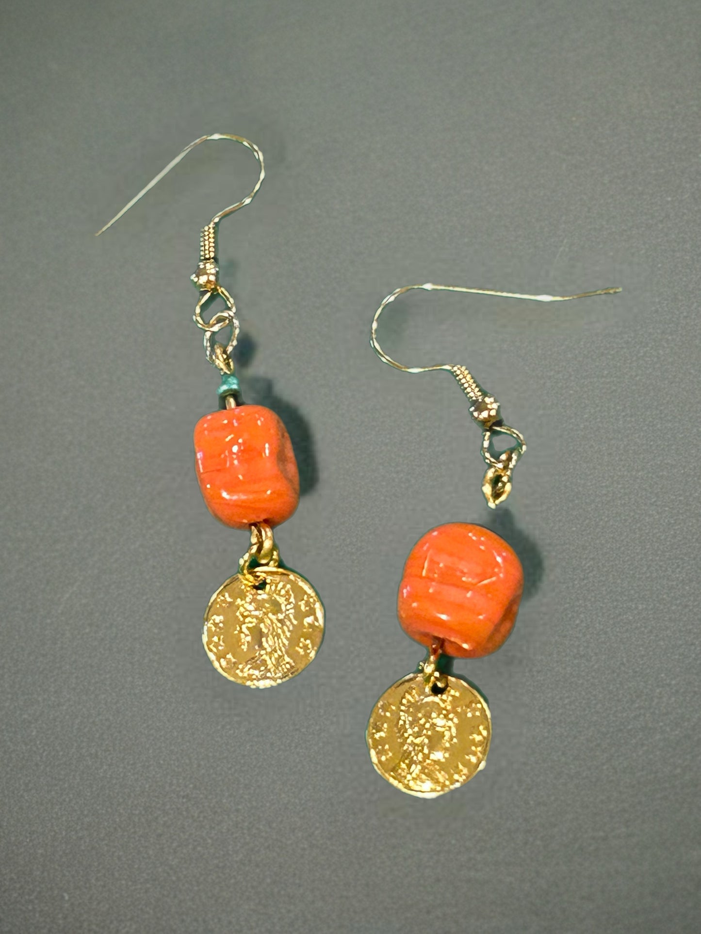 Vintage Orange Bead with Gold Coin Dangle