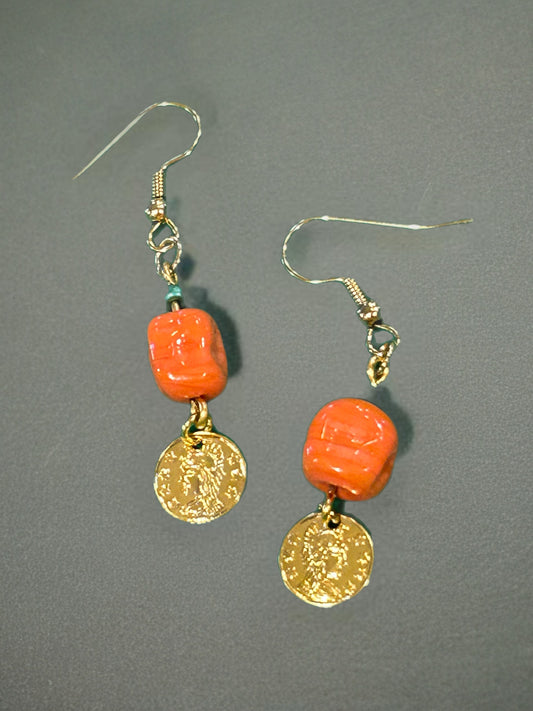 Vintage Orange Bead with Gold Coin Dangle