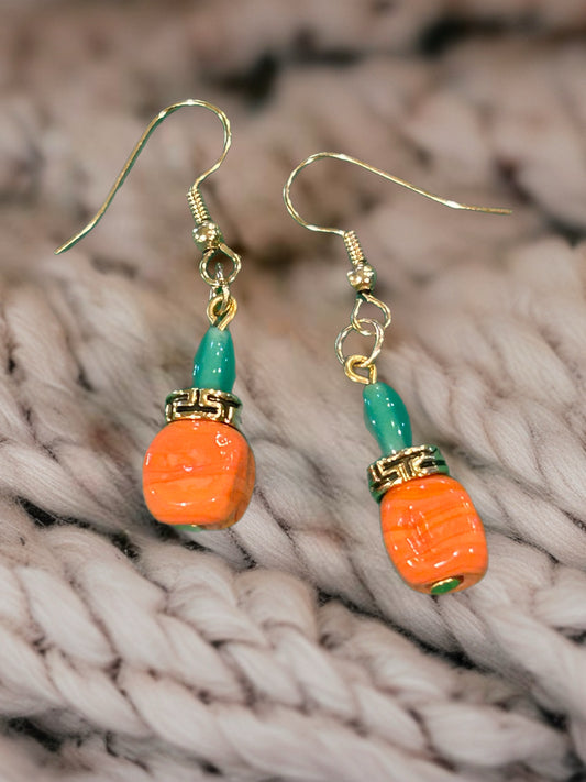Vintage Glass Orange + Jade Color Glass Bead with Gold Tone Spacer Bead