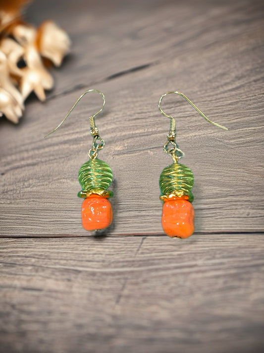 Vintage Glass Orange + Green Color Glass Bead and Gold Tone Spacer Bead
