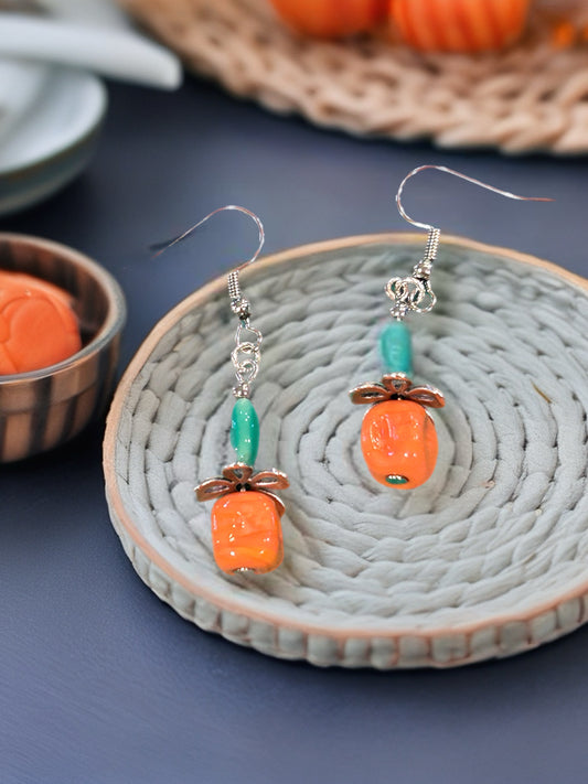 Vintage Orange Square Glass Bead with Jade Green Glass Bead and Flower Bead Cap. Silver Tone