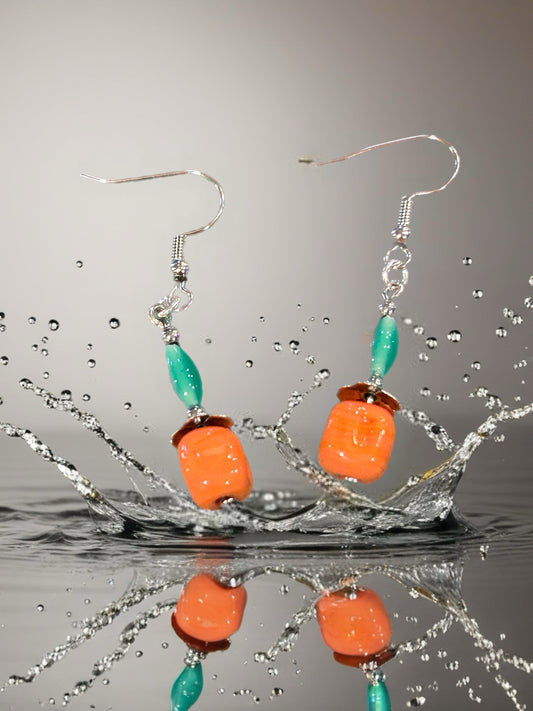 Vintage Glass Orange Bead with Green Top Accent Bead - Silver Tone