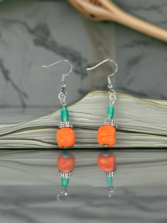 Vintage Glass Orange + Jade Color Glass Bead with Silver Tone Spacer Bead