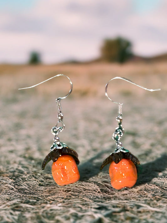 Vintage Orange Square Glass Bead with Brown Acrylic Leaf Bead Cap. Silver Tone