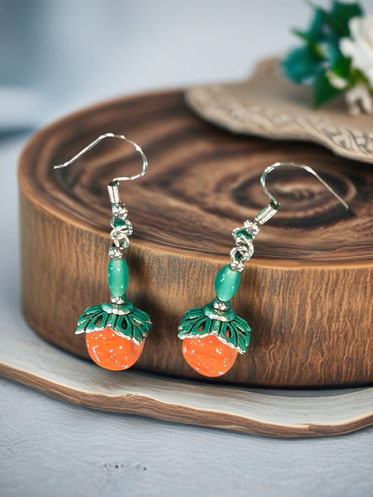 Vintage Glass Orange + Jade Color Glass Bead with Silver Tone