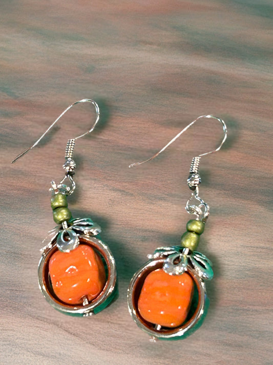 Vintage Glass Orange Bead with Accent spacer and Flower Cap - Silver Tone
