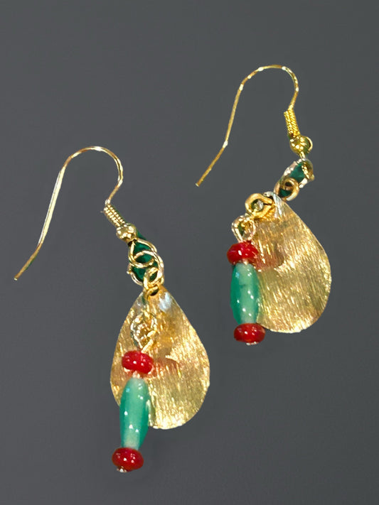 Vintage Jade Green Color Glass Bead with Red Accent Glass Bead & Golden Teardrop