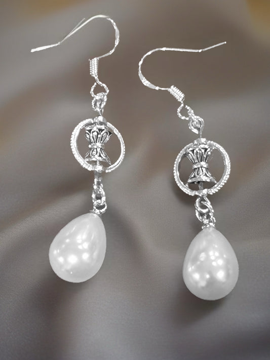 Vintage-Inspired Pearl Drop Earrings | Silver Detail & Faux Pearl
