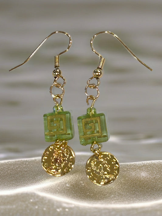 Green Maze Glass Bead Dangle Earrings - With Golden Inlay & Drop Coin