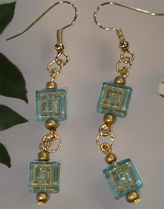 Golden Maze Double Drop Glass Bead Earrings - Light Sea Blue