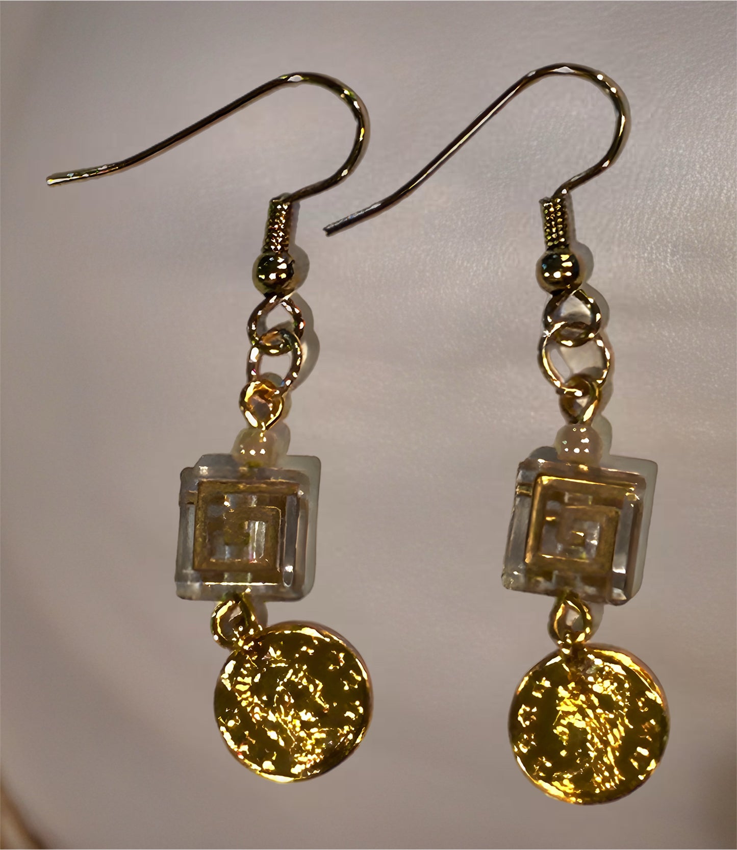 Golden Maze Glass Bead Dangle Earrings - Clear With Golden Inlay