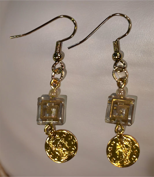 Golden Maze Glass Bead Dangle Earrings - Clear With Golden Inlay