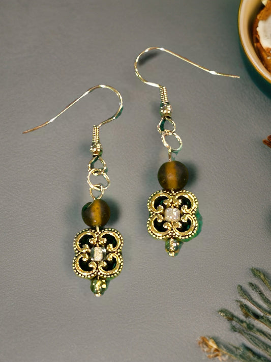 Clover Filigree Earrings With Earth Tone Glass Bead Accents - Gold Tone
