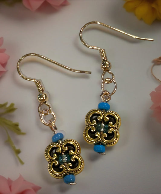 Clover Filigree Earrings With Turquoise Blue Glass Accent Beads - Gold Tone