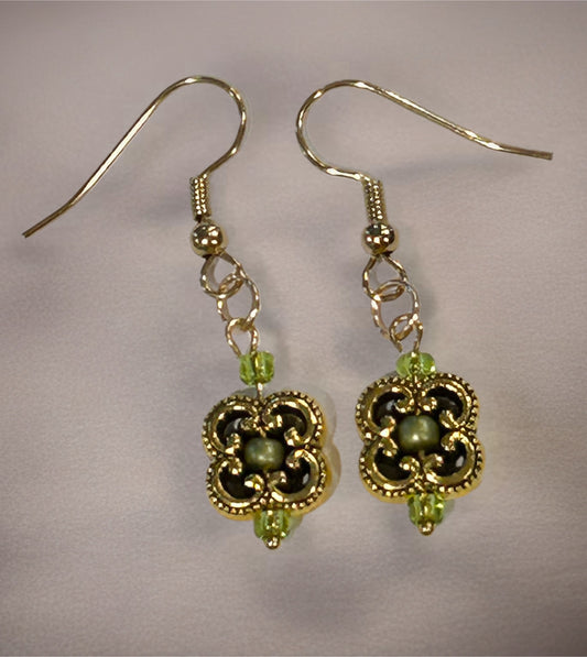 Clover Filigree Earrings With Green Glass Accent Beads - Gold Tone