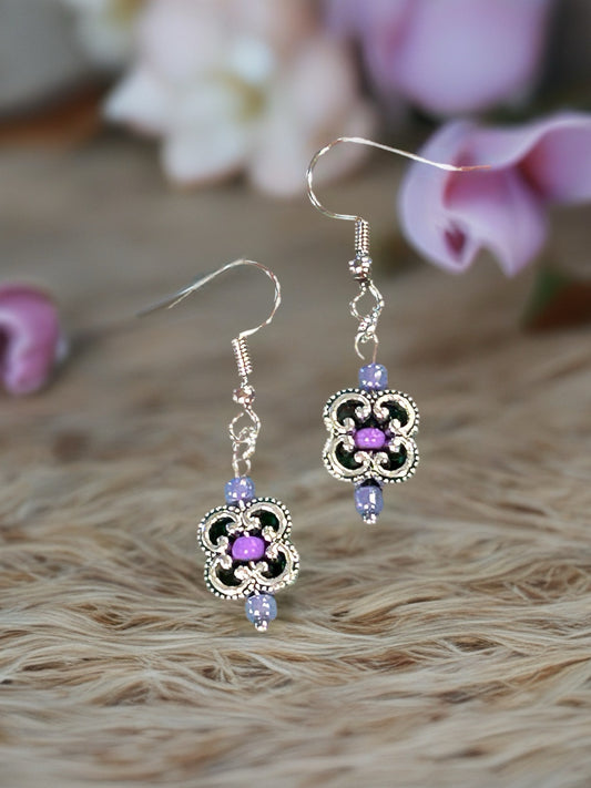 Clover Filigree Earrings With Lavender Glass Accent Beads - Silver Tone