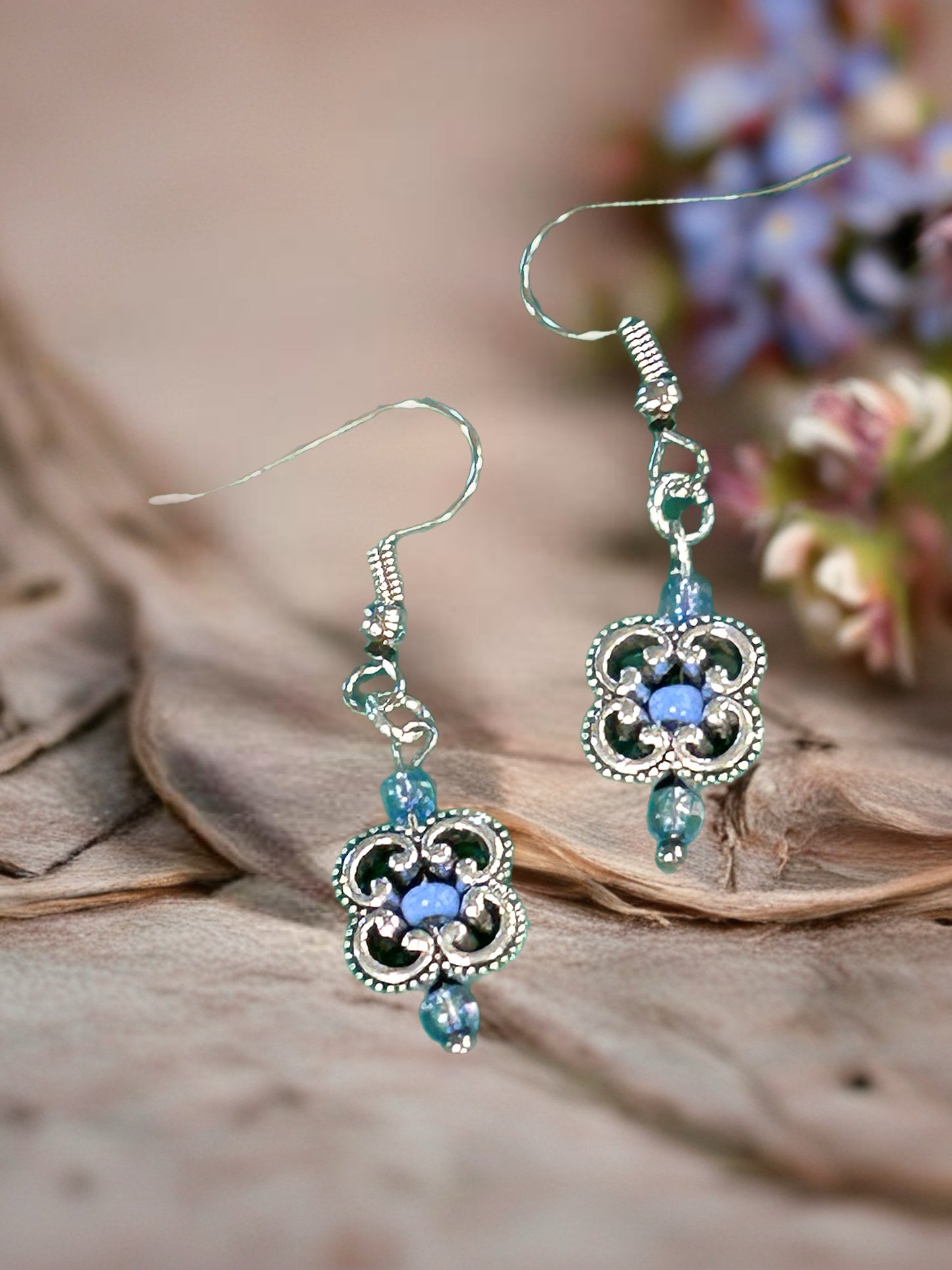 Clover Filigree Earrings With Periwinkle Blue Glass Accent Beads - Silver Tone