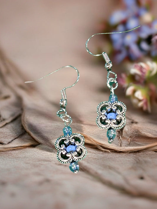 Clover Filigree Earrings With Periwinkle Blue Glass Accent Beads - Silver Tone