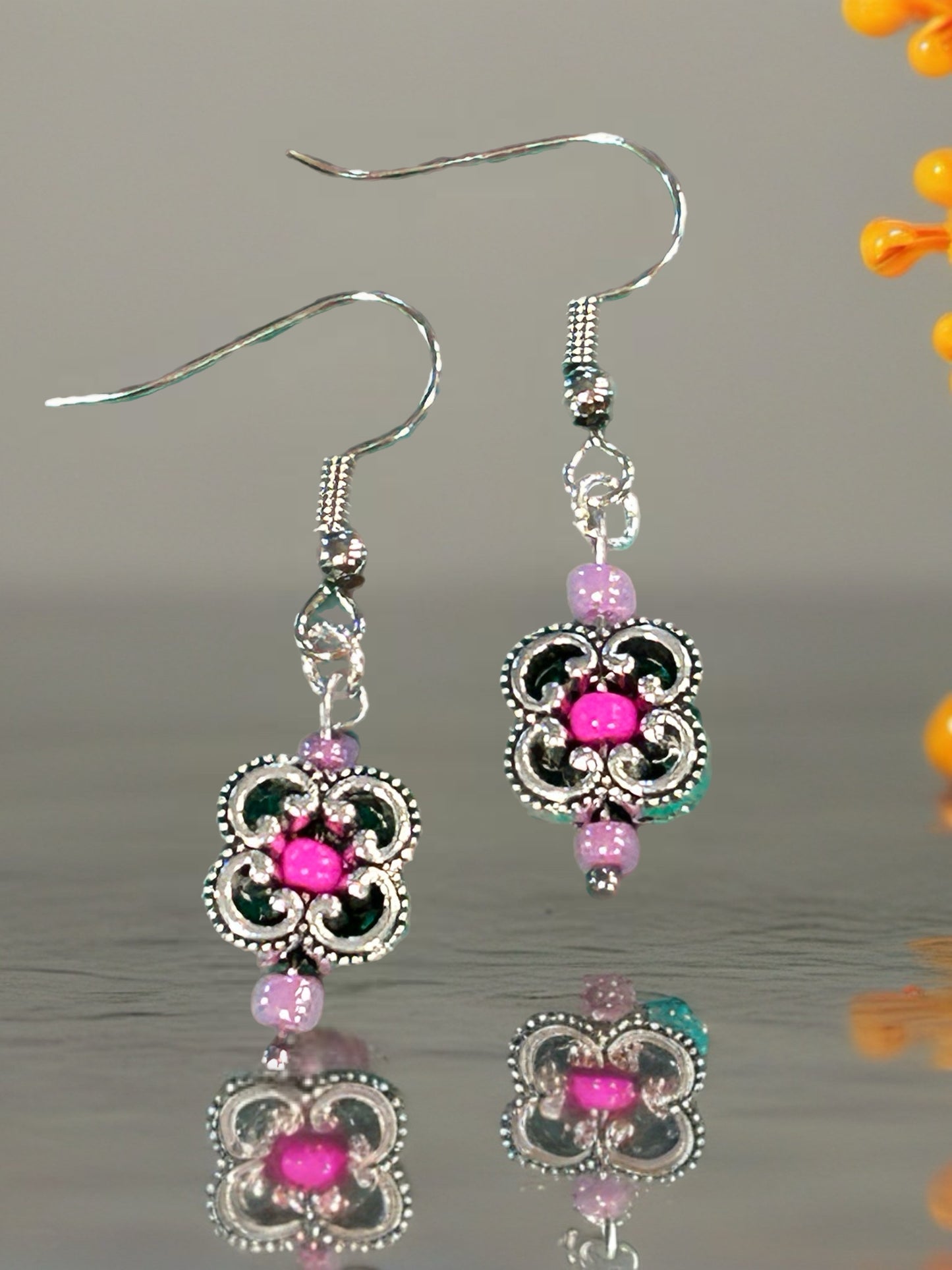 Clover Filigree Earrings With Pink Glass Accent Beads - Silver Tone