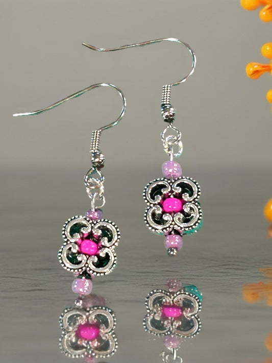 Clover Filigree Earrings With Pink Glass Accent Beads - Silver Tone